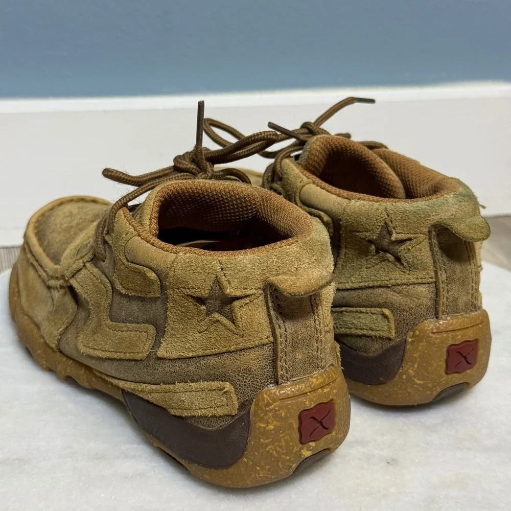 Twisted X Kids Brown Leather Star Overlay Driving Moccasins Lace Up Shoes farm *